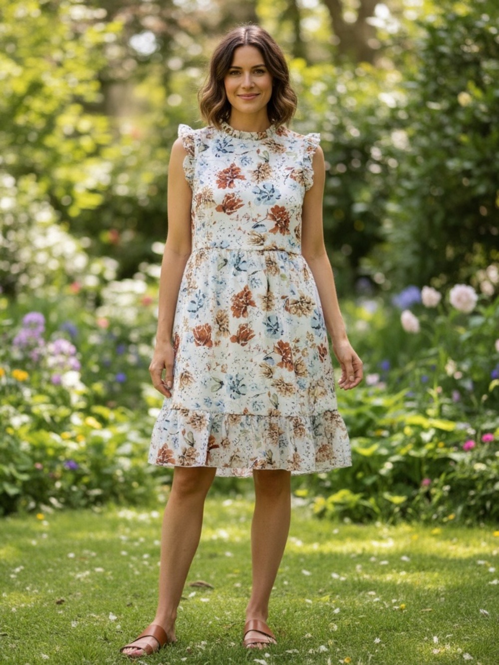 ePretty Floral Midi Dress in Cream, Brown and Blue